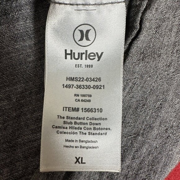 Hurley Shirt Mens XL Grey Button Up Cotton Short Sleeve Collared Pocket Adult - Picture 8 of 8